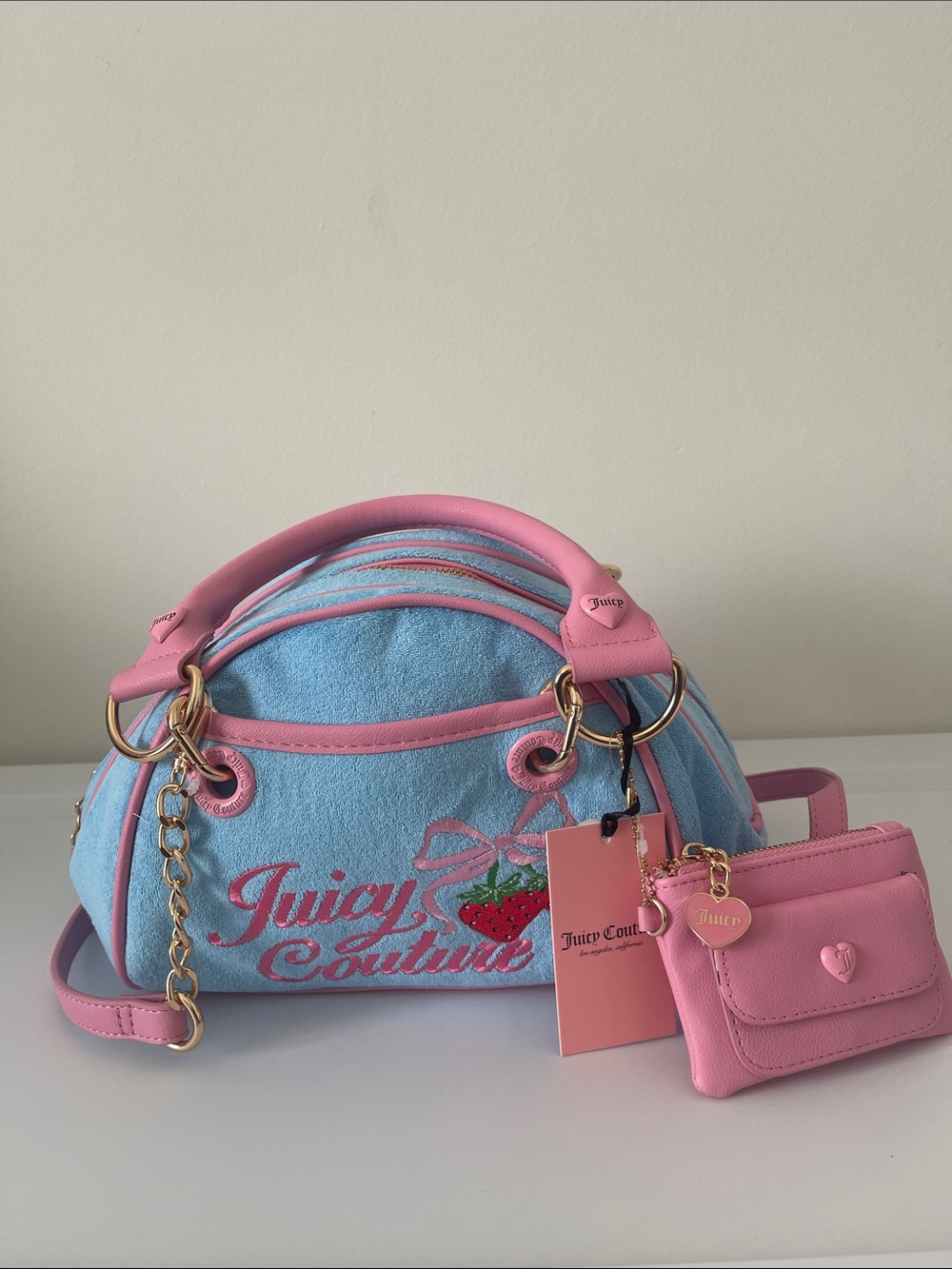 Juicy Couture Light Blue and Pink Terry Mini Satchel with Coin Pouch